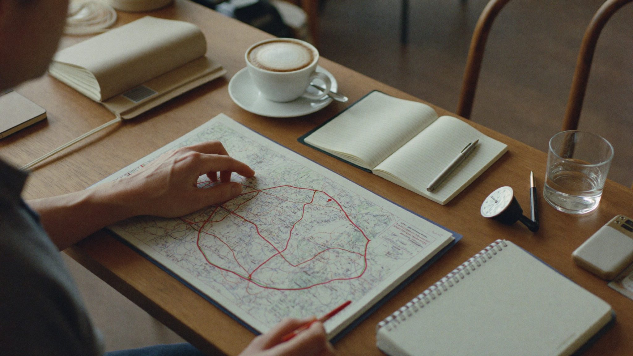 Carte dépliée et carnets sur une table de préparation de voyage