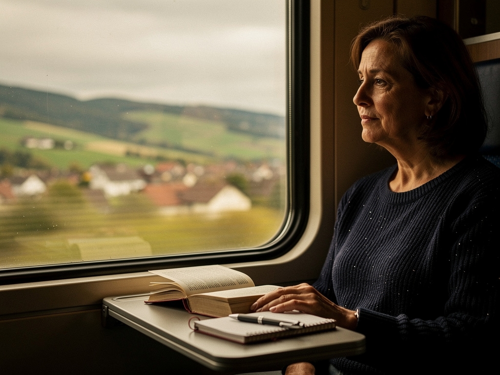 Voyageur regardant le paysage européen depuis la fenêtre d'un train